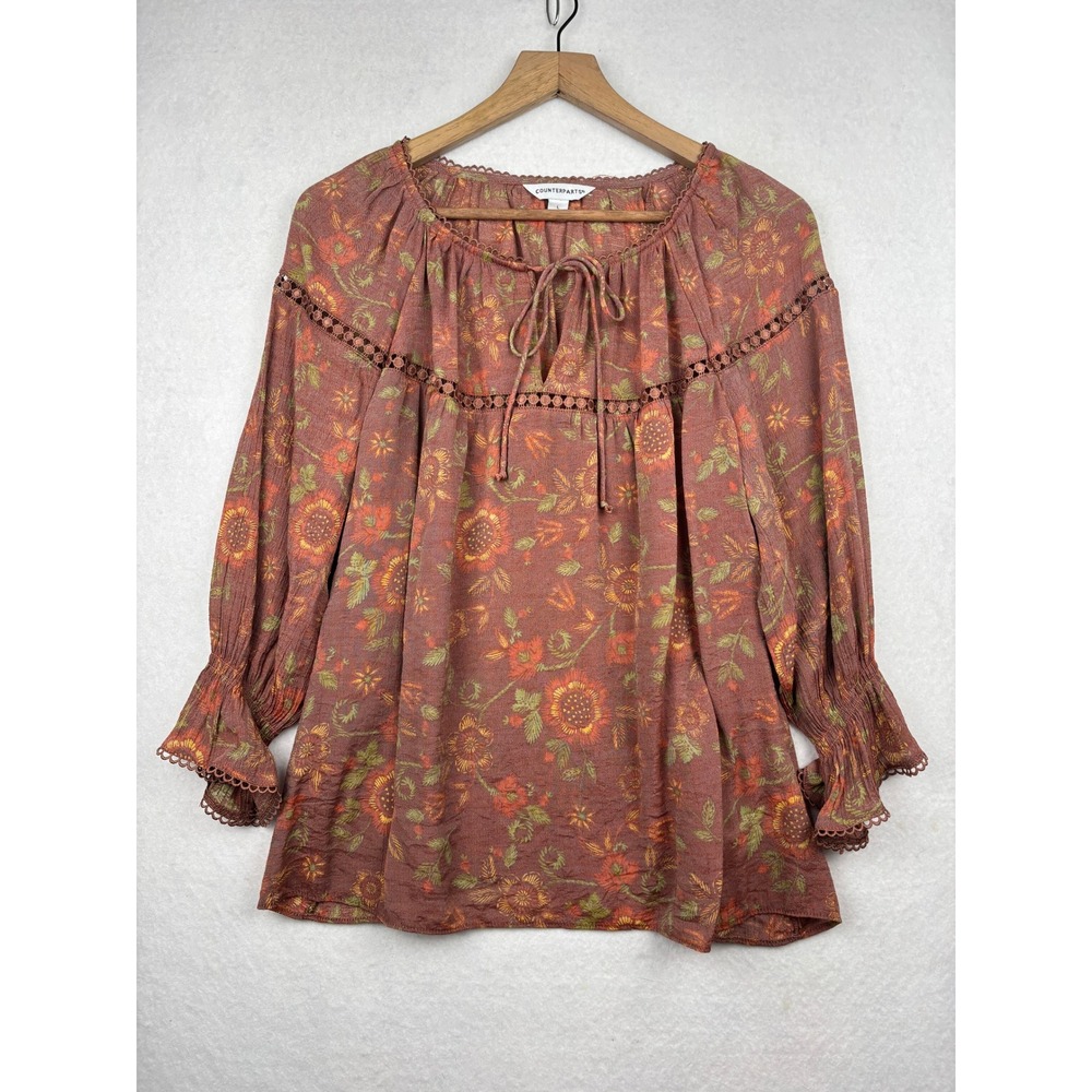 Counterparts Blouse Womens Large Peasant Sheer Crochet Trim Boho